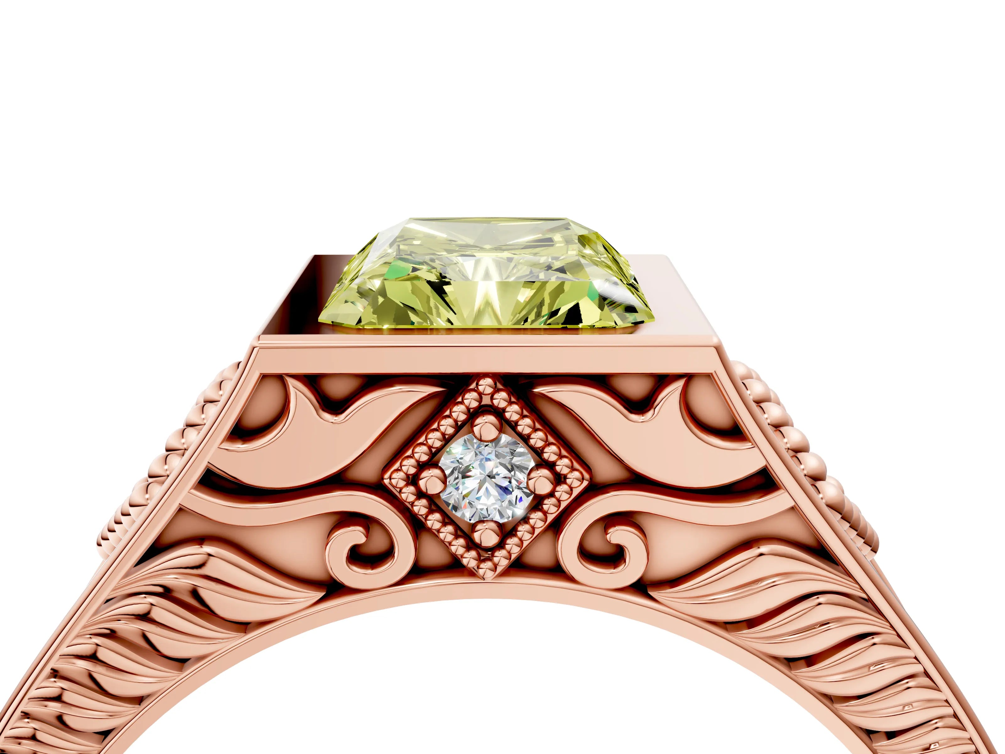 Rose gold Hexagonal Bezel Fancy Yellow Radiant Cut Diamond Engraved Band Prong Ring_16