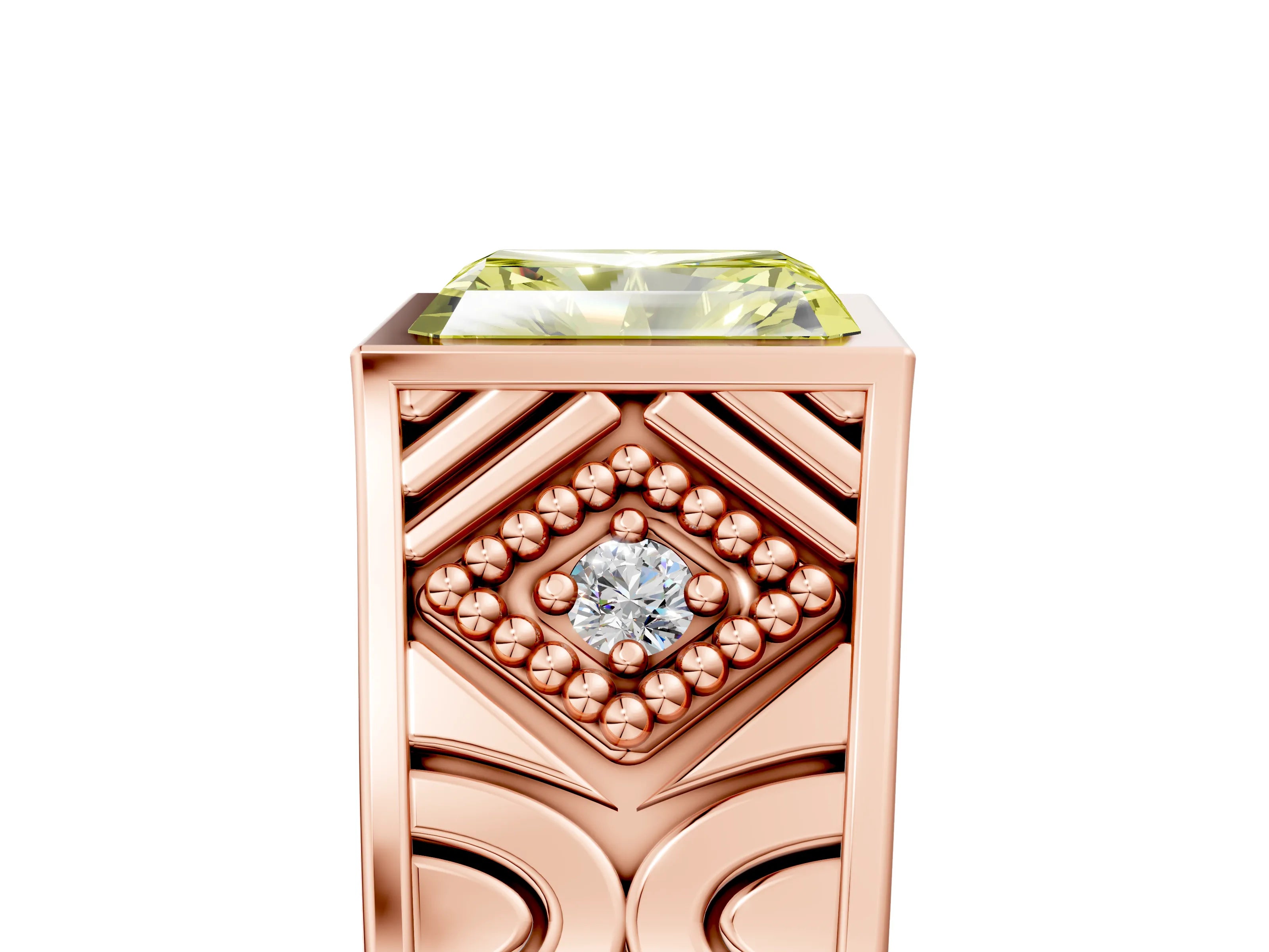 Rose gold Hexagonal Bezel Fancy Yellow Radiant Cut Diamond Engraved Band Prong Ring_17