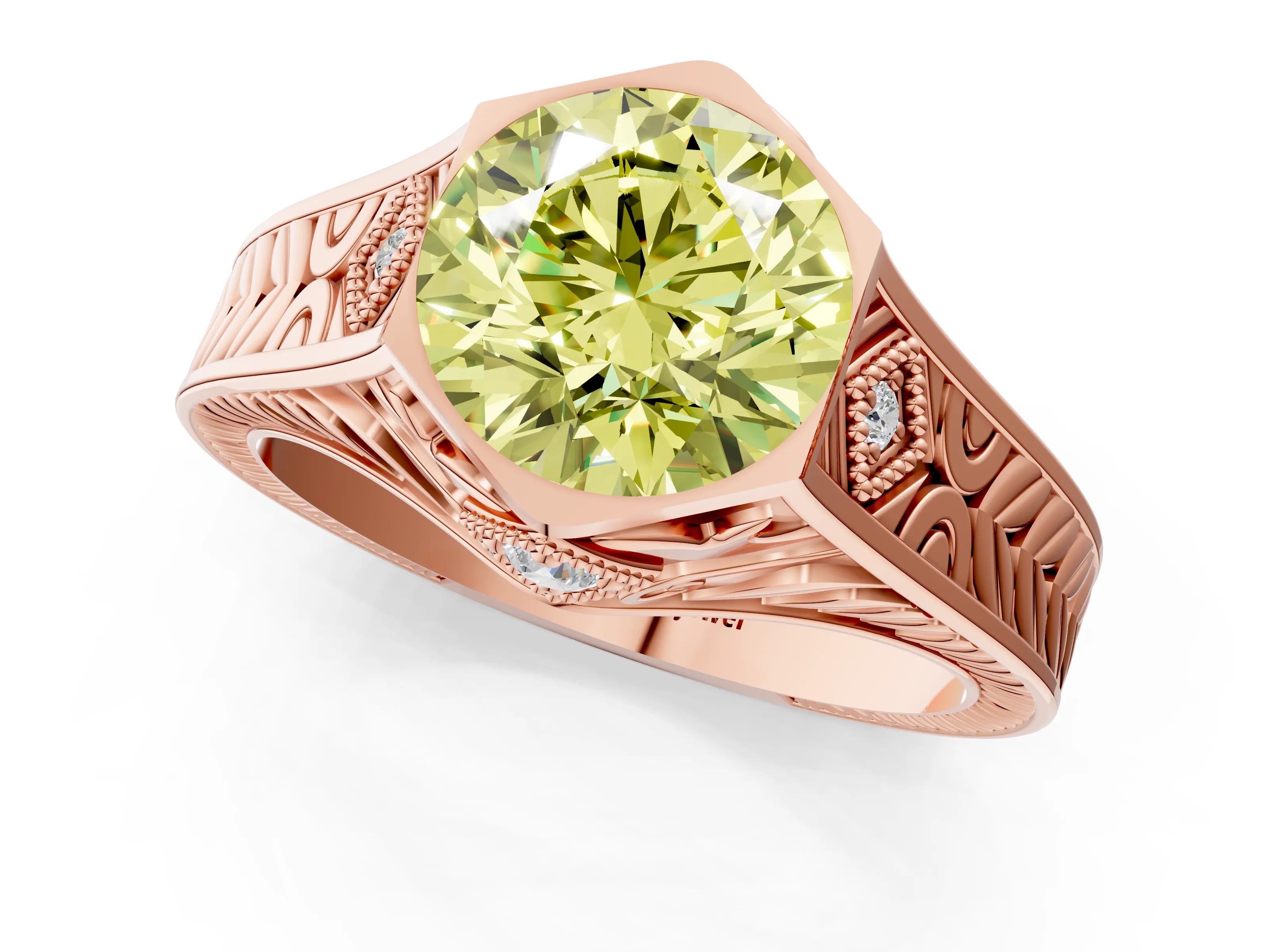 Rose gold Hexagonal Bezel Fancy Yellow Round Cut Diamond Engraved Band Prong Ring_1