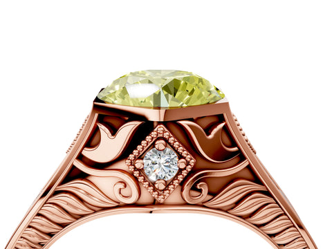 Rose gold Hexagonal Bezel Fancy Yellow Round Cut Diamond Engraved Band Prong Ring_4