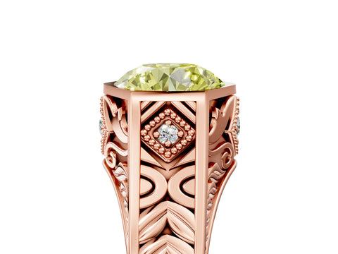Rose gold Hexagonal Bezel Fancy Yellow Round Cut Diamond Engraved Band Prong Ring_5