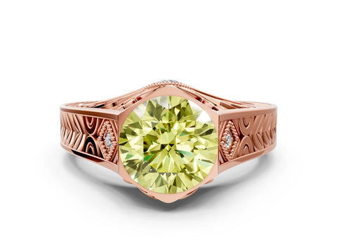 Rose gold Hexagonal Bezel Fancy Yellow Round Cut Diamond Engraved Band Prong Ring