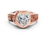Rose gold Hexagonal Bezel Heart Diamond Engraved Band Prong Ring_26