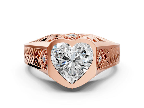 Rose gold Hexagonal Bezel Heart Diamond Engraved Band Prong Ring