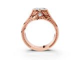 Rose gold Hexagonal Bezel Heart Diamond Engraved Band Prong Ring_29