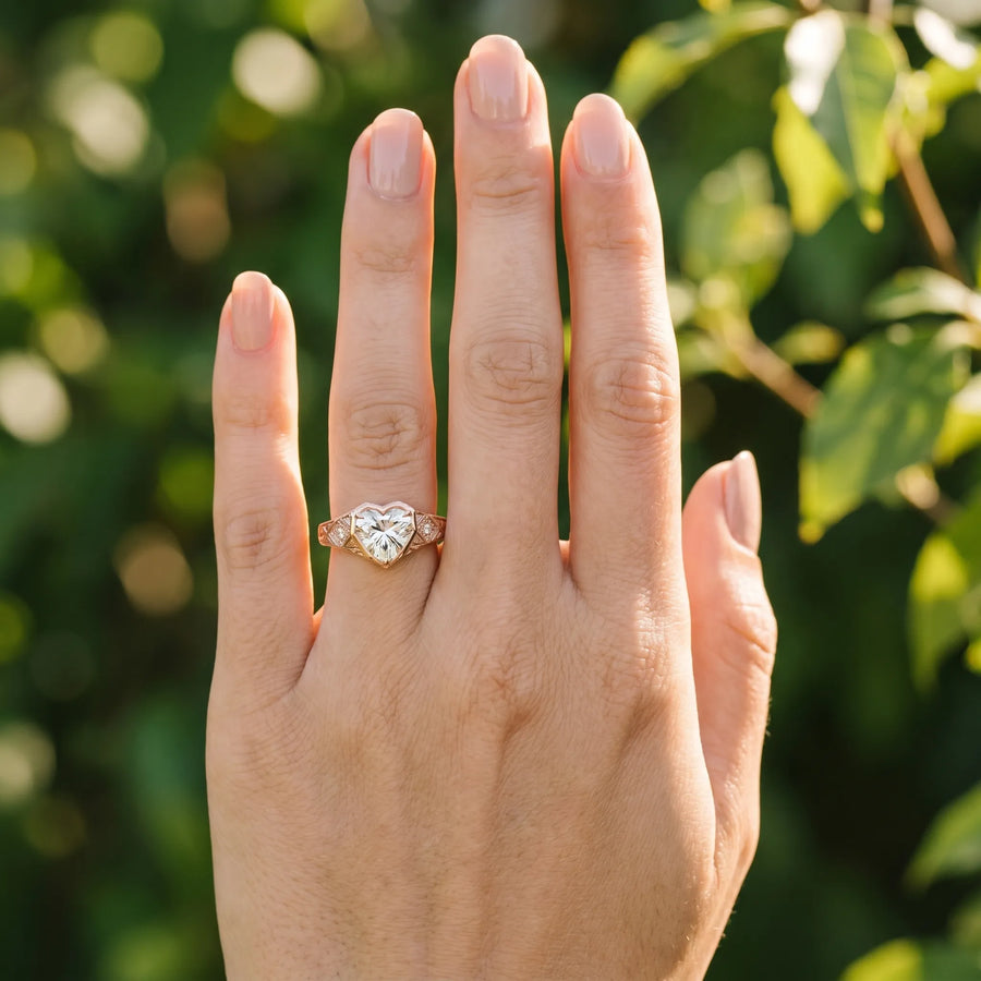 Rose gold Hexagonal Bezel Heart Diamond Engraved Band Prong Ring