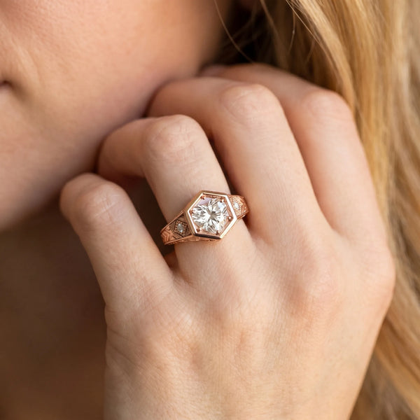 Rose gold Hexagonal Bezel Heart Diamond Engraved Band Prong Ring