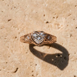 Rose gold Hexagonal Bezel Heart Diamond Engraved Band Prong Ring_9