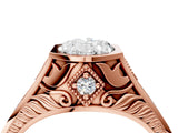 Rose gold Hexagonal Bezel Oval Diamond Engraved Band Prong Ring_10