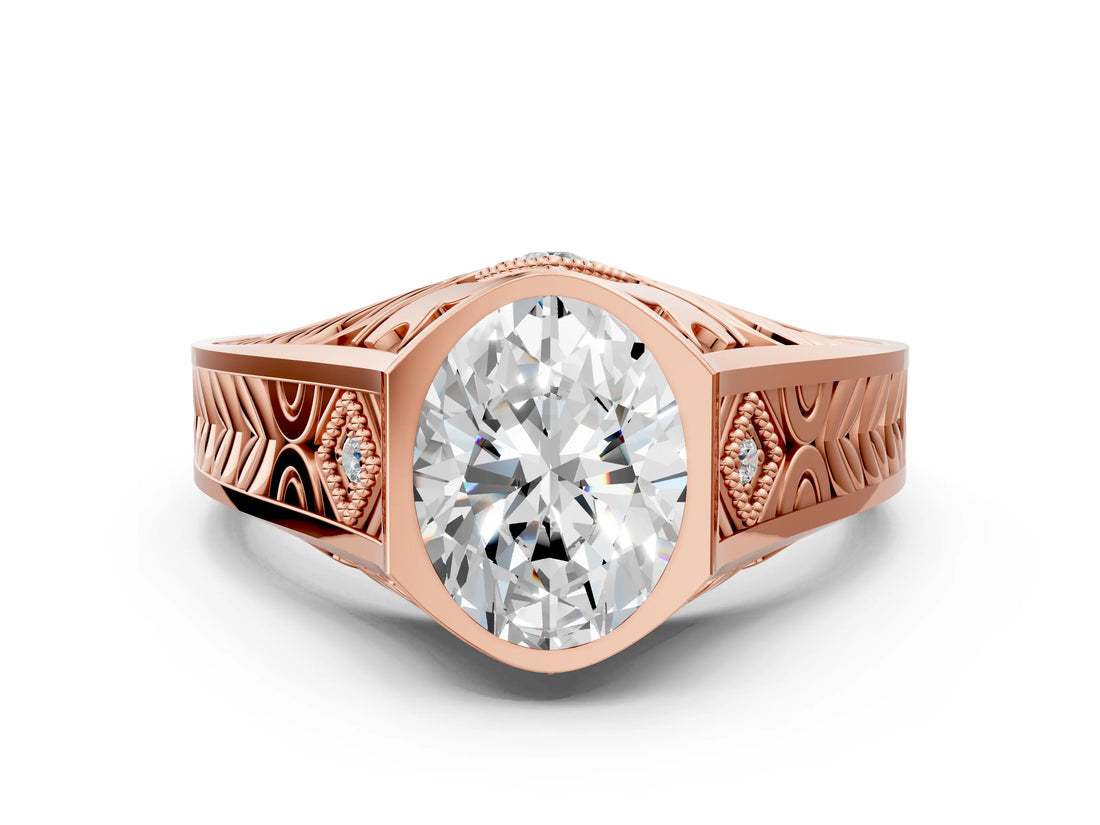 Rose gold Hexagonal Bezel Oval Diamond Engraved Band Prong Ring_6