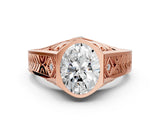 Rose gold Hexagonal Bezel Oval Diamond Engraved Band Prong Ring_6