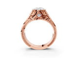 Rose gold Hexagonal Bezel Oval Diamond Engraved Band Prong Ring_9
