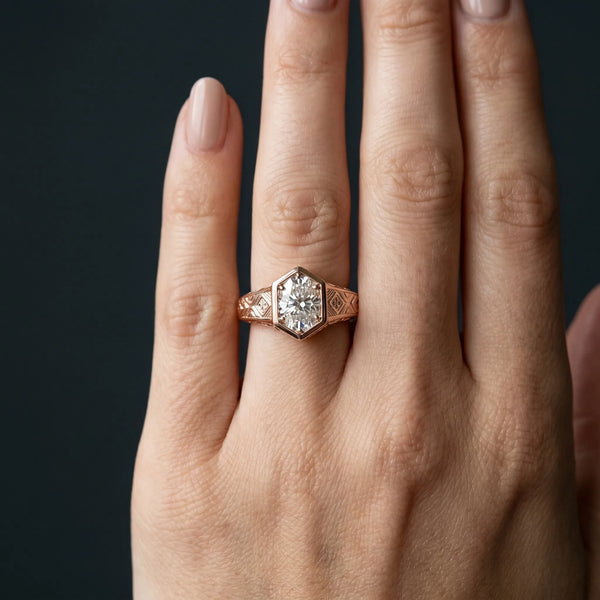 Rose gold Hexagonal Bezel Oval Diamond Engraved Band Ring