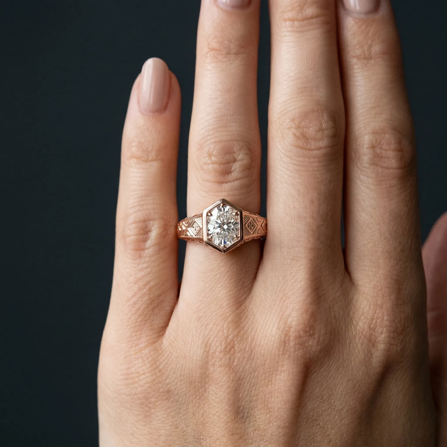 Rose gold Hexagonal Bezel Oval Diamond Engraved Band Ring