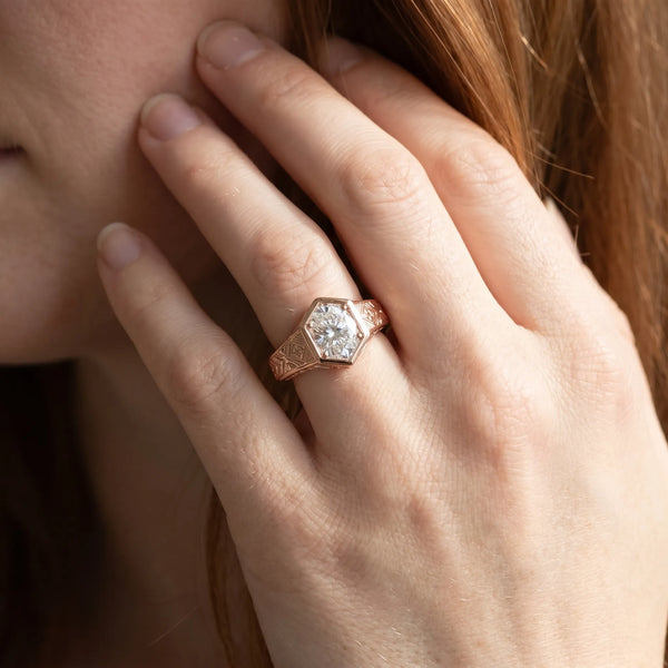 Rose gold Hexagonal Bezel Oval Diamond Engraved Band Ring