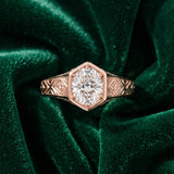 Rose gold Hexagonal Bezel Oval Diamond Engraved Band Ring_9