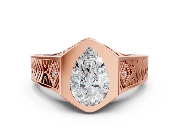 Rose gold Hexagonal Bezel Pear Diamond Engraved Band Prong Ring