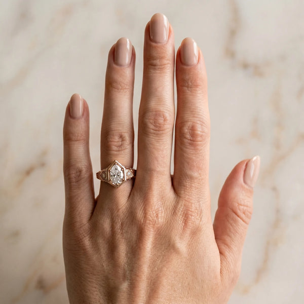 Rose gold Hexagonal Bezel Pear Diamond Engraved Band Prong Ring