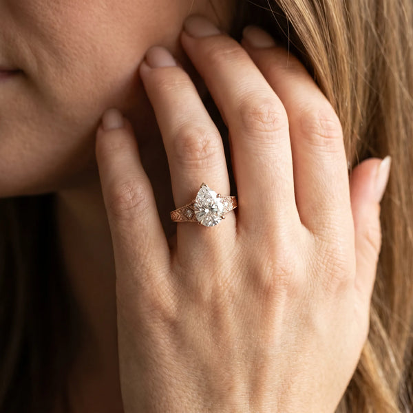 Rose gold Hexagonal Bezel Pear Diamond Engraved Band Prong Ring
