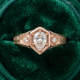Rose gold Hexagonal Bezel Pear Diamond Engraved Band Prong Ring_9