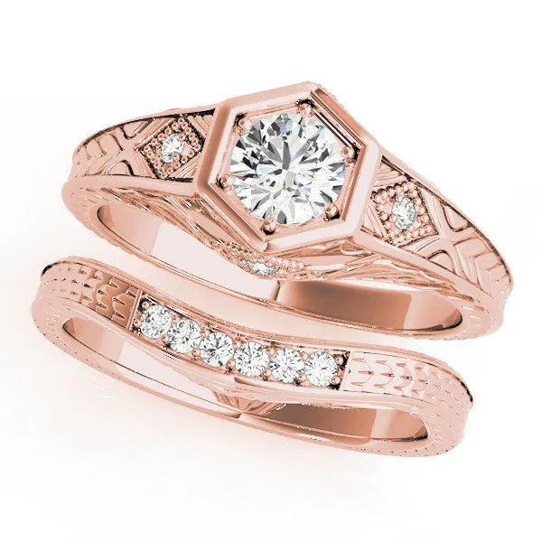 Rose gold Hexagonal Bezel Princess Diamond Engraved Band Prong Ring
