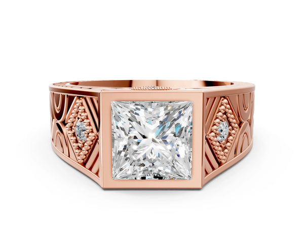 Rose gold Hexagonal Bezel Princess Diamond Engraved Band Prong Ring