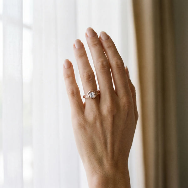 Rose gold Hexagonal Bezel Princess Diamond Engraved Band Prong Ring
