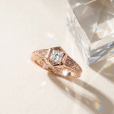 Rose gold Hexagonal Bezel Princess Diamond Engraved Band Prong Ring_9