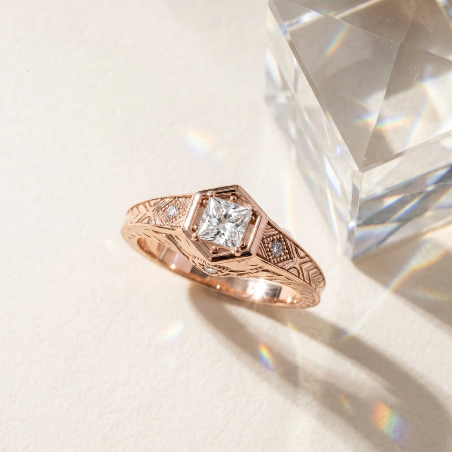 Rose gold Hexagonal Bezel Princess Diamond Engraved Band Prong Ring