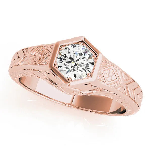 Rose gold Hexagonal Bezel Princess Diamond Engraved Band Ring