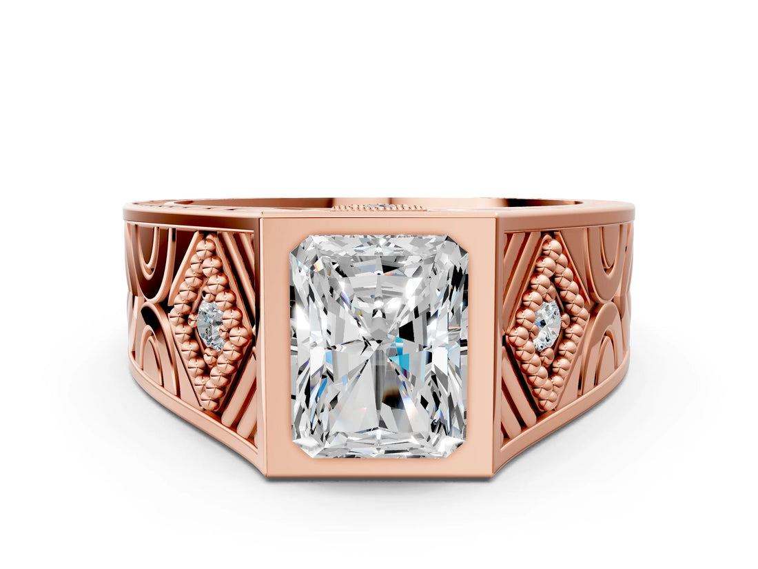 Rose gold Hexagonal Bezel Radiant Diamond Engraved Band Prong Ring_6
