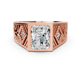 Rose gold Hexagonal Bezel Radiant Diamond Engraved Band Prong Ring_6