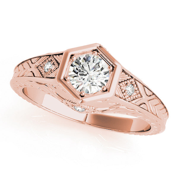 Rose gold Hexagonal Bezel Round Diamond Engraved Band Prong Ring 2
