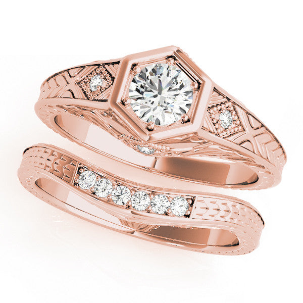 Rose gold Hexagonal Bezel Round Diamond Engraved Band Prong Ring