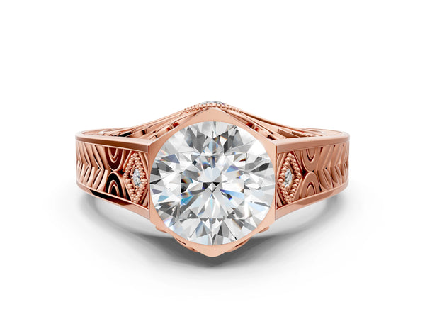 Rose gold Hexagonal Bezel Round Diamond Engraved Band Prong Ring