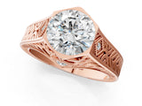 Rose gold Hexagonal Bezel Round Diamond Engraved Band Prong Ring_15