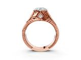 Rose gold Hexagonal Bezel Round Diamond Engraved Band Prong Ring_17