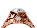 Rose gold Hexagonal Bezel Round Diamond Engraved Band Prong Ring_18