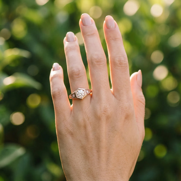 Rose gold Hexagonal Bezel Round Diamond Engraved Band Prong Ring
