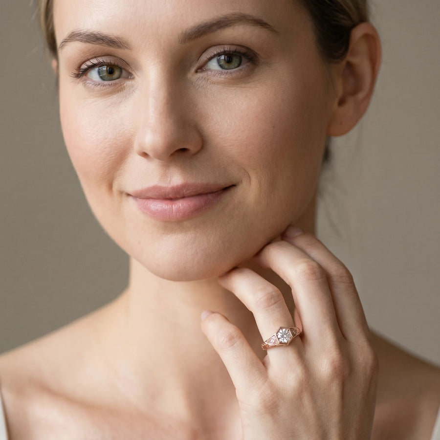 Rose gold Hexagonal Bezel Round Diamond Engraved Band Prong Ring