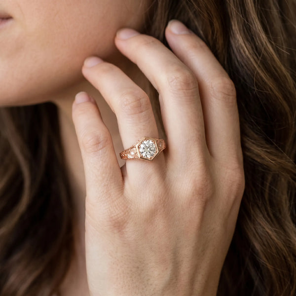 Rose gold Hexagonal Bezel Round Diamond Engraved Band Prong Ring