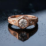 Rose gold Hexagonal Bezel Round Diamond Engraved Band Prong Ring_24