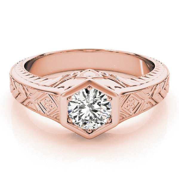 Rose gold Hexagonal Bezel Round Diamond Engraved Band Ring