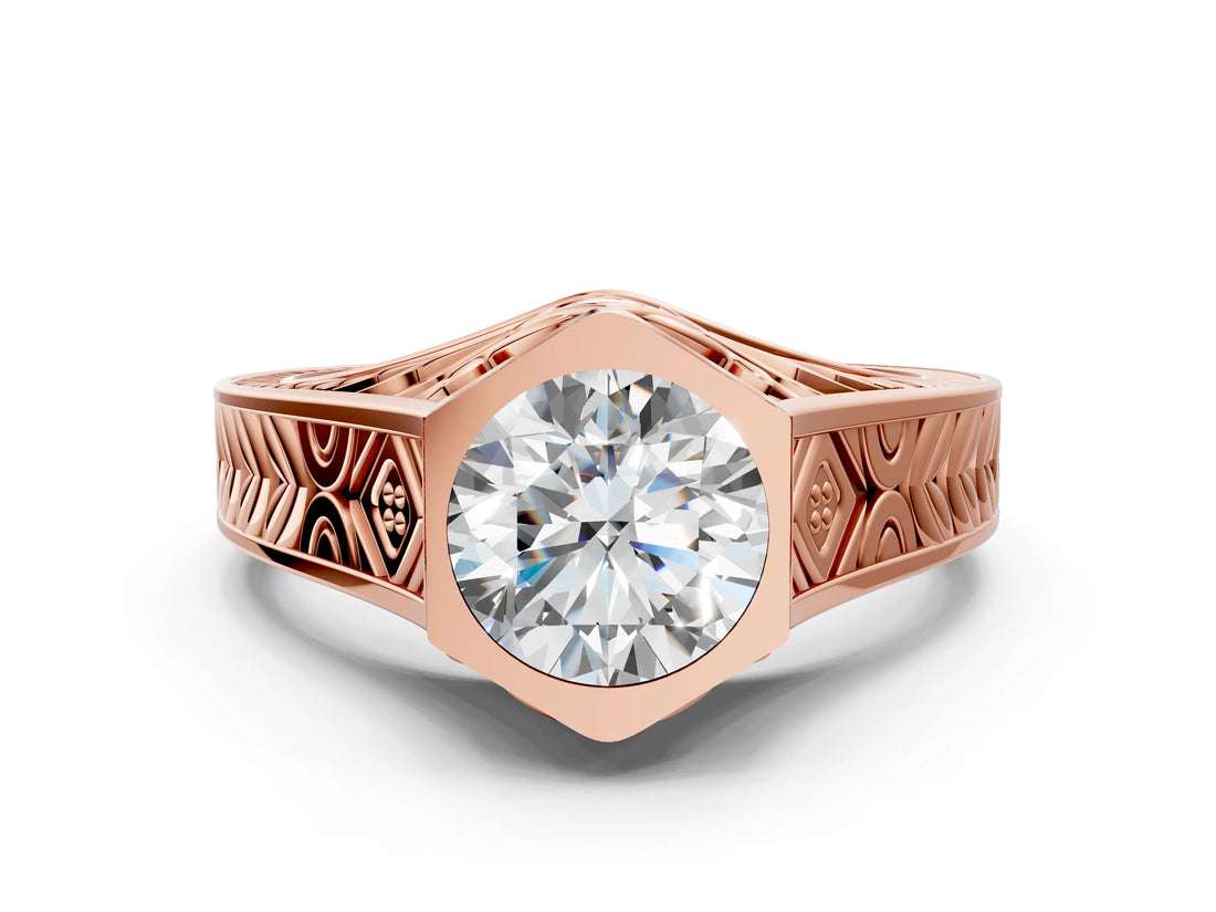 Rose gold Hexagonal Bezel Round Diamond Engraved Band Ring_6