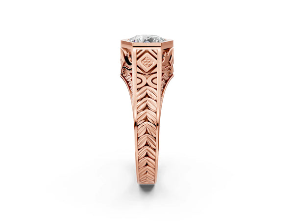 Rose Gold Round Vintage Bezel Engagement Ring Setting with Engraved Band