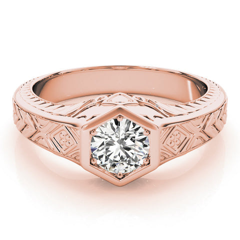 Rose gold Hexagonal Bezel Round Diamond Engraved Band Ring