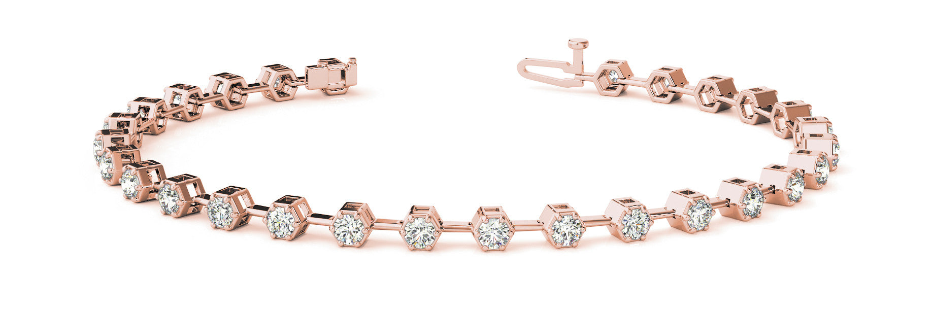 Rose gold Hexagonal Bezel Round Diamond Tennis Bracelet with Open Link Band