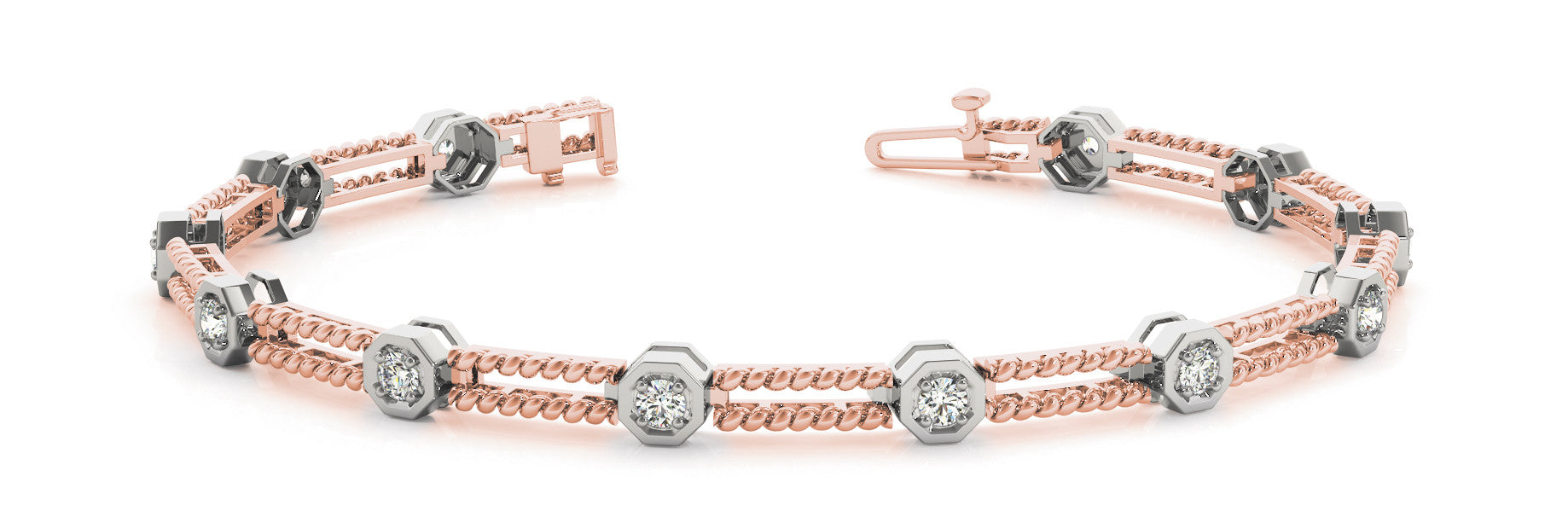 Rose gold Hexagonal Diamond Tennis Bracelet with Bezel Setting and Rope Band