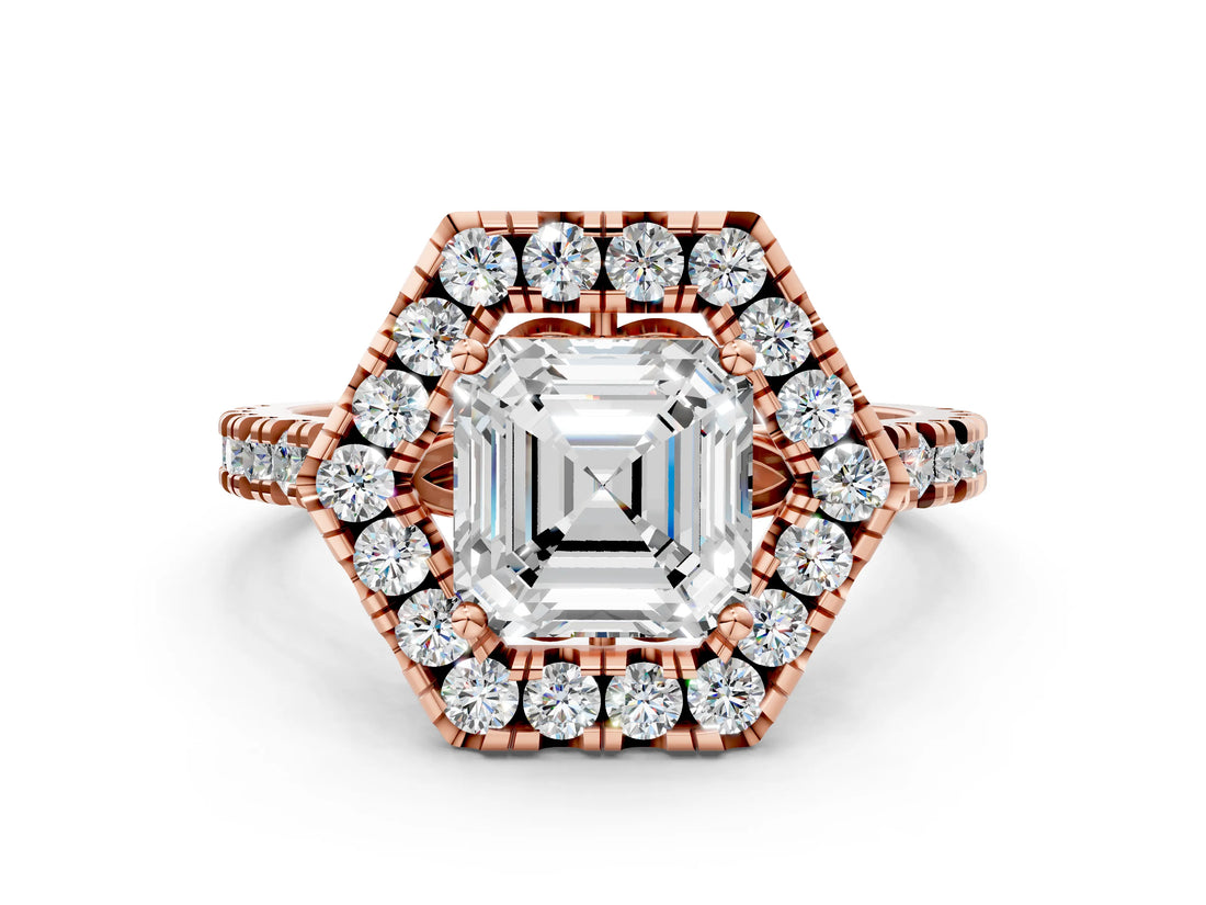 Rose gold Hexagonal Halo Asscher Cut Diamond Pavé Band with Four-Prong Setting_3