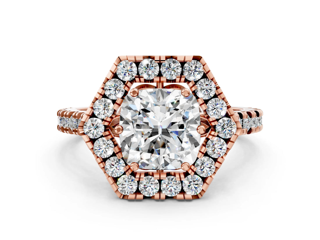 Rose gold Hexagonal Halo Cushion Cut Diamond Pavé Band with Four-Prong Setting_3